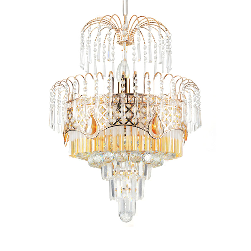 Modern Gold Chandelier Light With Layered Crystal Shade - 3/7 Lights Dining Room Ceiling Lamp