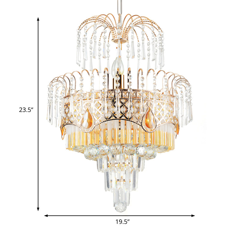 Modern Gold Chandelier Light With Layered Crystal Shade - 3/7 Lights Dining Room Ceiling Lamp