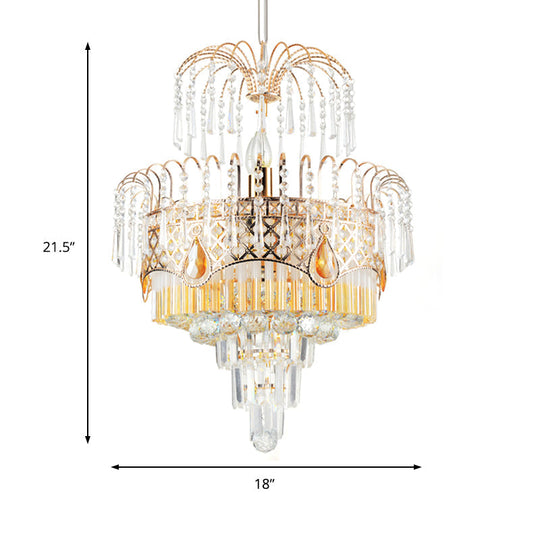 Lustre moderne en or avec abat-jour en cristal superposé - 3/7 lumières - 18"/19,5" de large - Plafonnier de salle à manger