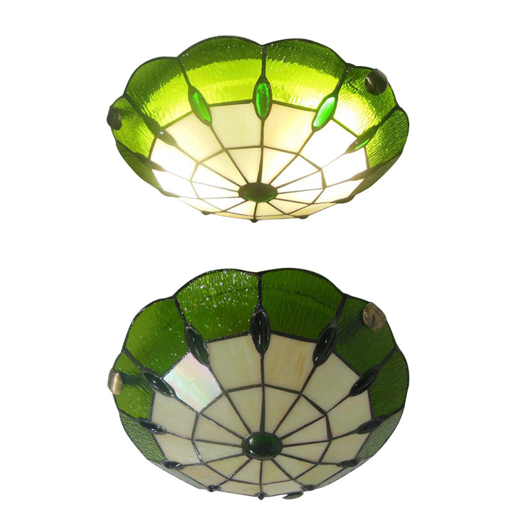 Tiffany Style Green/Yellow Dome Ceiling Lights With Jewel Decoration - 12/16/19.5 Wide Flush Mount