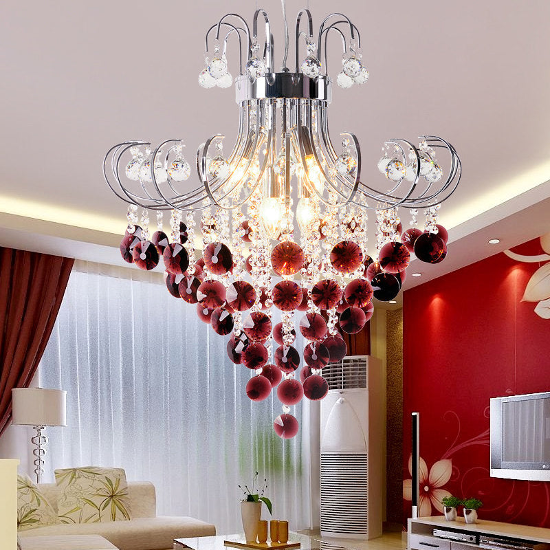 Lustre moderne en cristal rouge - Cadre à bras courbé, 3 lumières, plafonnier chromé