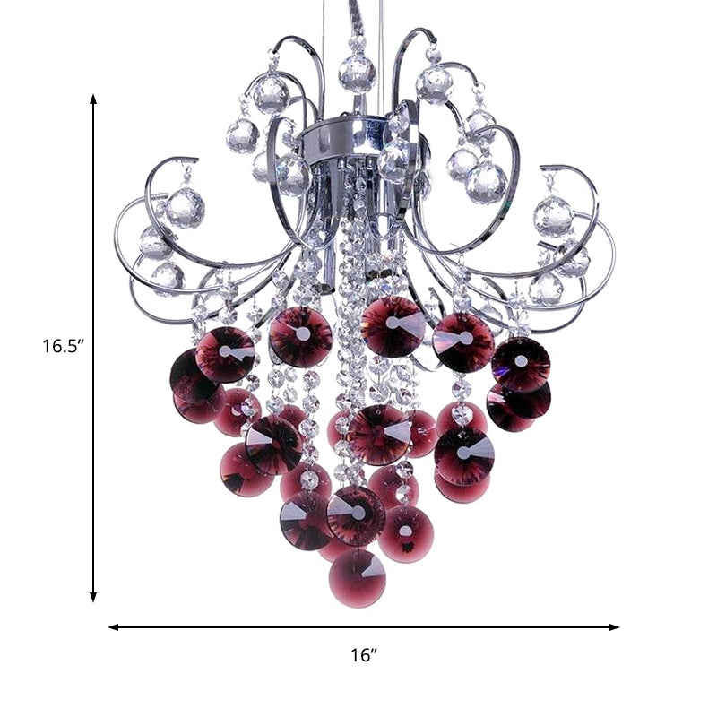 Lustre moderne en cristal rouge - Cadre à bras courbé, 3 lumières, plafonnier chromé