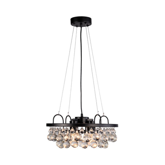 Vintage Black Round Metal Chandelier Light - 4-Light Hanging Fixture with Waterdrop Crystal Drop