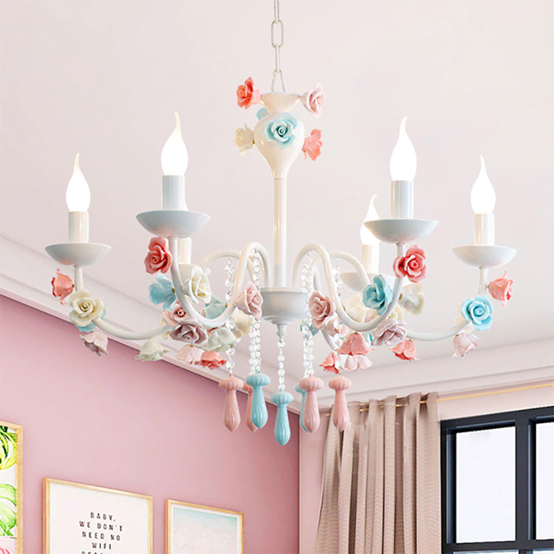 Modern Ceramic Chandelier Pendant Light - Candle Style White Finish With Rose Decoration