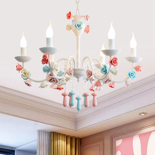 Modern Ceramic Chandelier Pendant Light - Candle Style White Finish With Rose Decoration