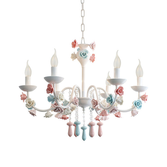 Modern Ceramic Chandelier Pendant Light - Candle Style White Finish With Rose Decoration