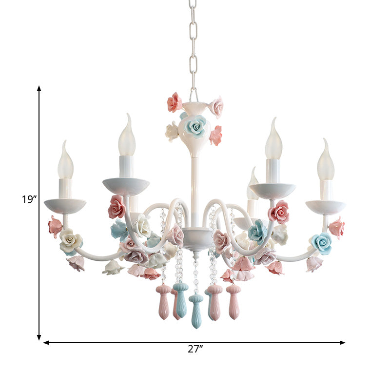 Modern Ceramic Chandelier Pendant Light - Candle Style White Finish With Rose Decoration