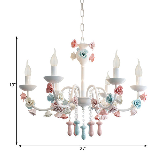 Modern Ceramic Chandelier Pendant Light - Candle Style White Finish With Rose Decoration