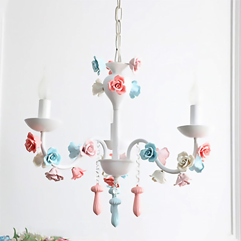 Modern Ceramic Chandelier Pendant Light - Candle Style White Finish With Rose Decoration