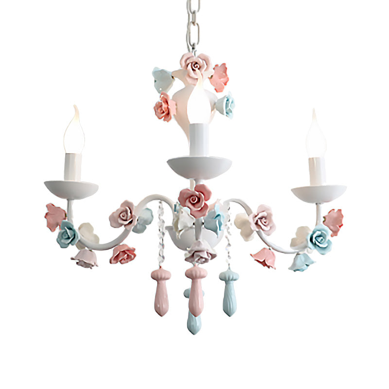 Modern Ceramic Chandelier Pendant Light - Candle Style White Finish With Rose Decoration