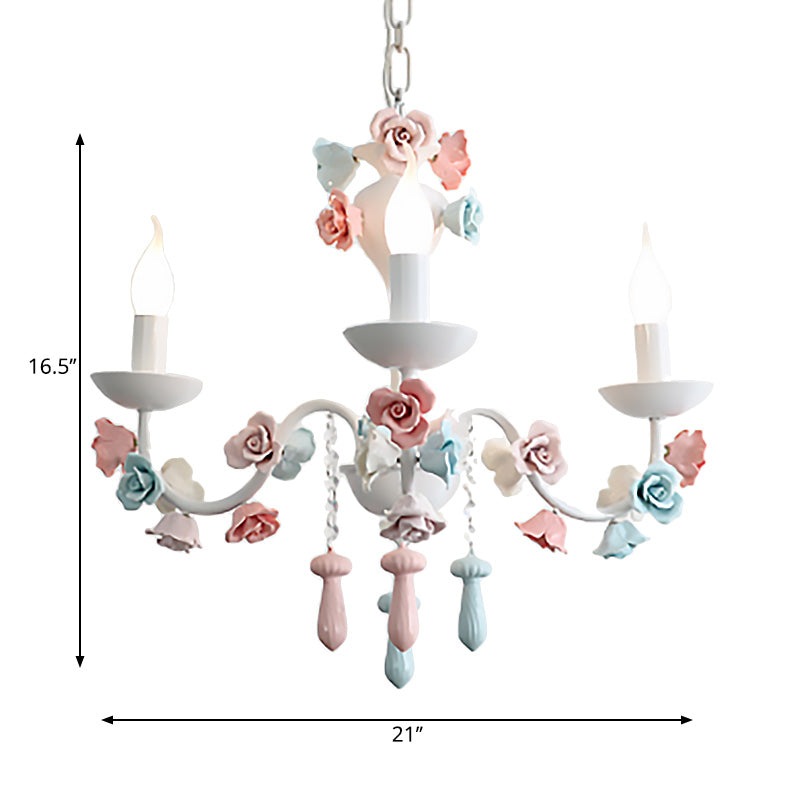 Modern Ceramic Chandelier Pendant Light - Candle Style White Finish With Rose Decoration