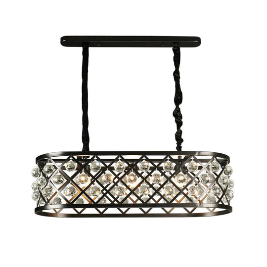 Vintage Black Chandelier With Oval Crystal And Metal Shade - 3-Light Dining Room Ceiling Lamp