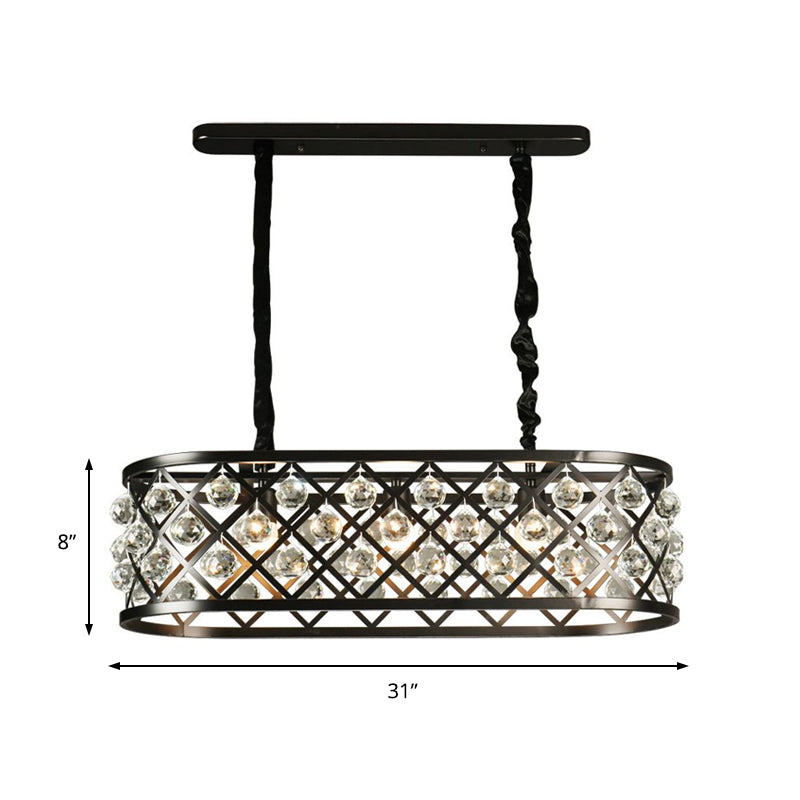 Vintage Black Chandelier With Oval Crystal And Metal Shade - 3-Light Dining Room Ceiling Lamp