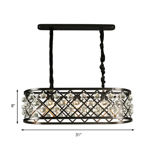 Vintage Black Chandelier With Oval Crystal And Metal Shade - 3-Light Dining Room Ceiling Lamp