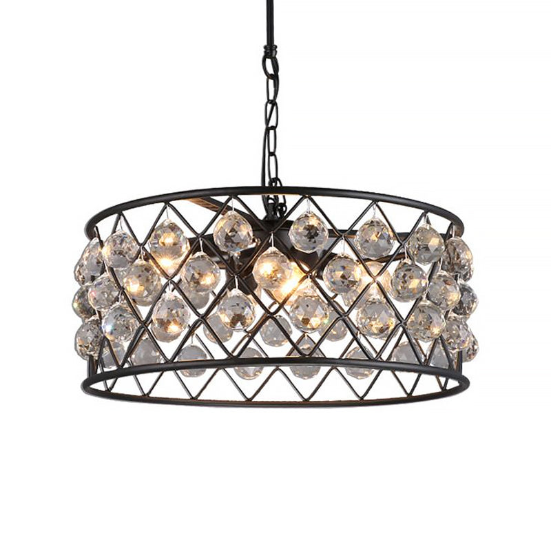 Lustre rond noir moderne avec cadre en fer, métal et cristal - 4 lumières