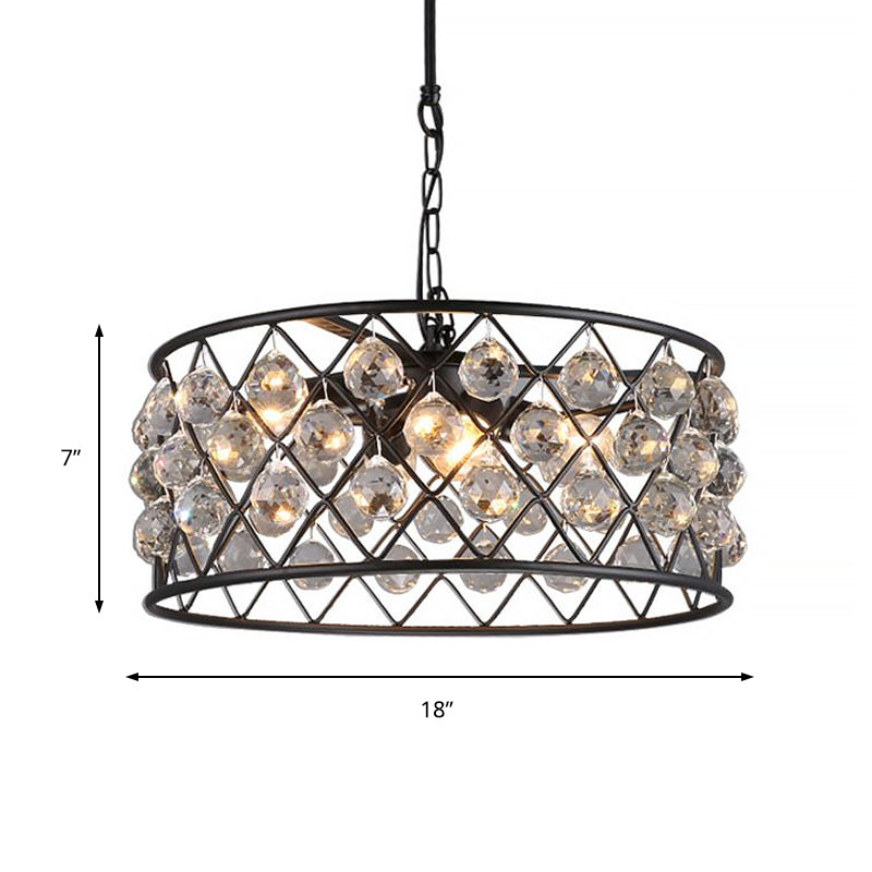 Lustre rond noir moderne avec cadre en fer, métal et cristal - 4 lumières