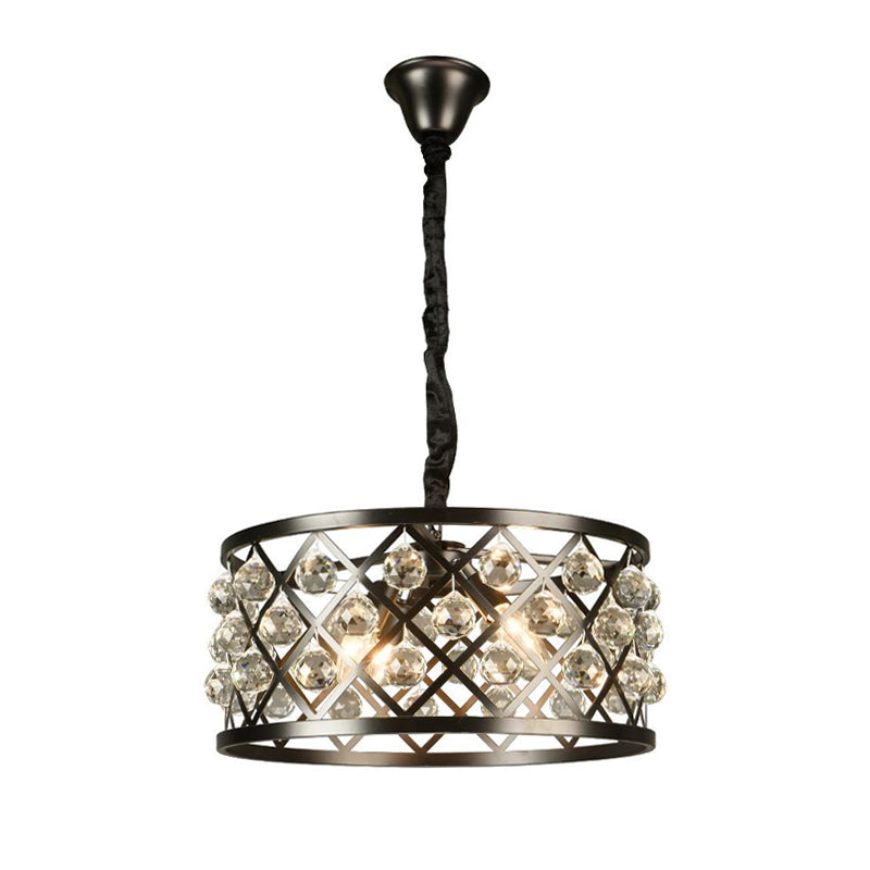 Lustre de plafond rond en métal et cristal - Lampe noire à 4 lumières pour salle à manger