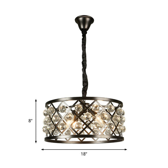 Lustre de plafond rond en métal et cristal - Lampe noire à 4 lumières pour salle à manger