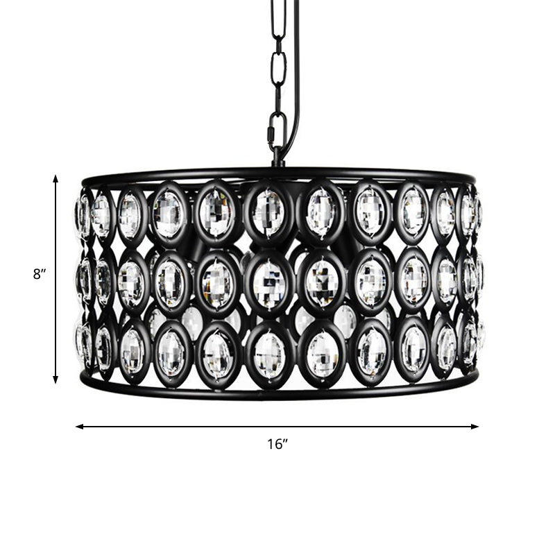 Plafonnier tambour noir vintage : lustre en métal et cristal avec 3 lumières pour salon