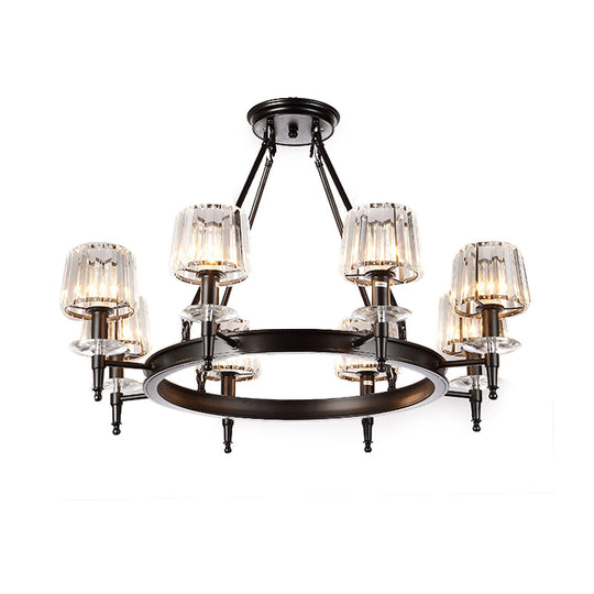 Vintage Black Barrel Hanging Light: Metal Chandelier with Prismatic Glass Shades - 3/6/8 Lights