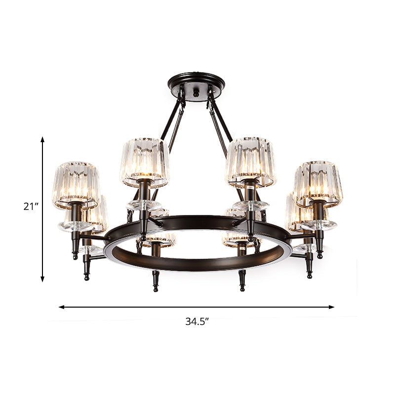 Vintage Black Barrel Hanging Light: Metal Chandelier with Prismatic Glass Shades - 3/6/8 Lights