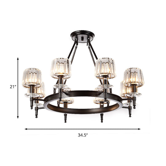 Vintage Black Barrel Hanging Light: Metal Chandelier with Prismatic Glass Shades - 3/6/8 Lights