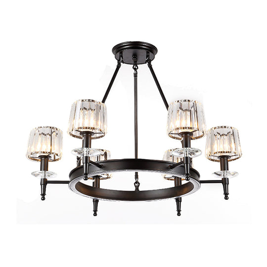 Vintage Black Barrel Hanging Light: Metal Chandelier with Prismatic Glass Shades - 3/6/8 Lights