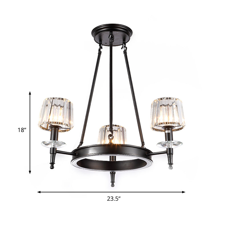 Vintage Black Barrel Hanging Light: Metal Chandelier with Prismatic Glass Shades - 3/6/8 Lights