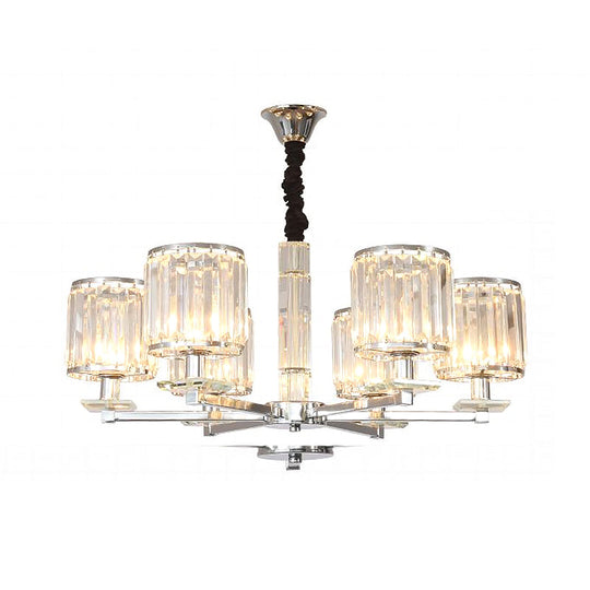 Modern Chrome Cylinder Chandelier With Crystal Accents - 3/6 Lights For Bedroom