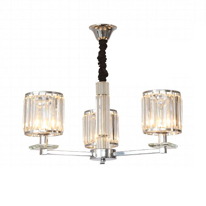 Modern Chrome Cylinder Chandelier With Crystal Accents - 3/6 Lights For Bedroom