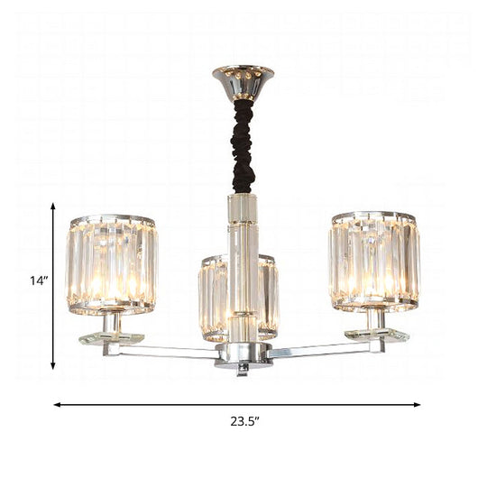 Modern Chrome Cylinder Chandelier With Crystal Accents - 3/6 Lights For Bedroom