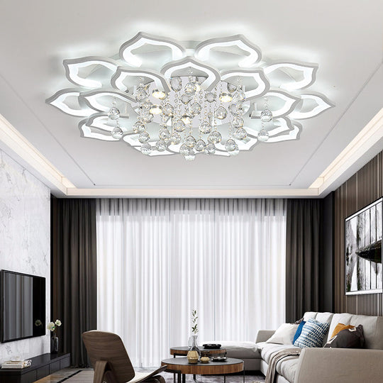 6/16/20 White Flush Mount Ceiling Light for Living Room - Warm/White Light, Floral Acrylic Shade, Crystal Drop