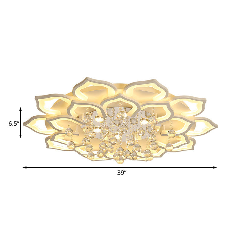 6/16/20 White Flush Mount Ceiling Light for Living Room - Warm/White Light, Floral Acrylic Shade, Crystal Drop