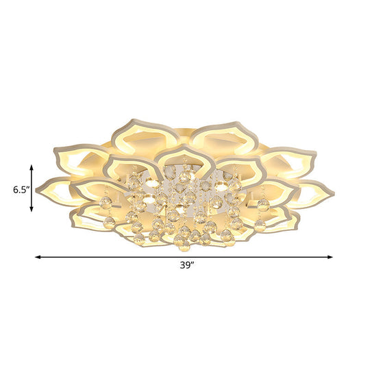 6/16/20 White Flush Mount Ceiling Light for Living Room - Warm/White Light, Floral Acrylic Shade, Crystal Drop