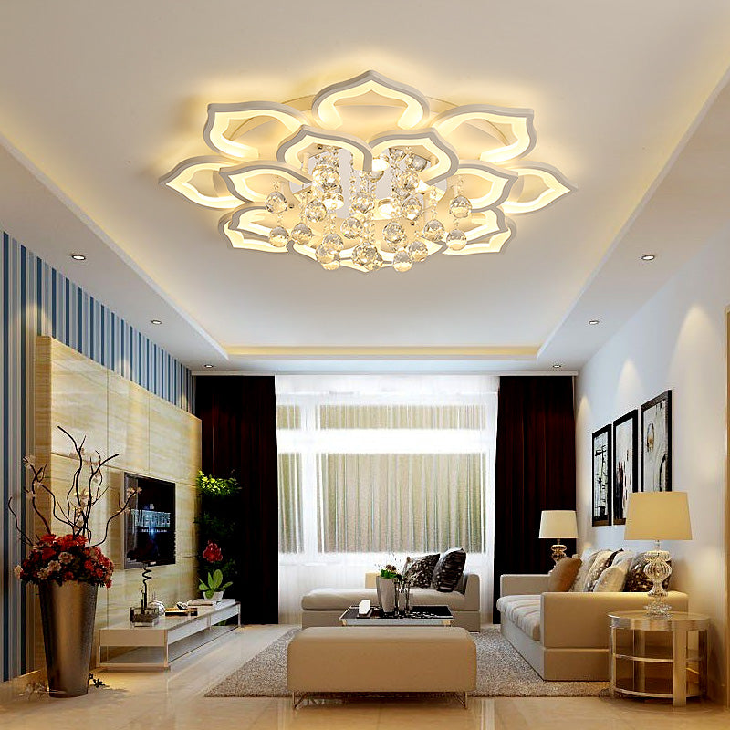 6/16/20 White Flush Mount Ceiling Light for Living Room - Warm/White Light, Floral Acrylic Shade, Crystal Drop