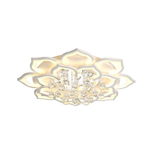 6/16/20 White Flush Mount Ceiling Light for Living Room - Warm/White Light, Floral Acrylic Shade, Crystal Drop