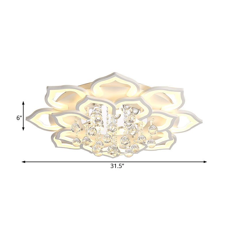 6/16/20 White Flush Mount Ceiling Light for Living Room - Warm/White Light, Floral Acrylic Shade, Crystal Drop