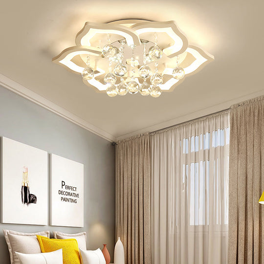 6/16/20 White Flush Mount Ceiling Light for Living Room - Warm/White Light, Floral Acrylic Shade, Crystal Drop