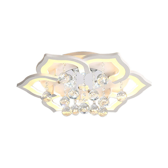 6/16/20 White Flush Mount Ceiling Light for Living Room - Warm/White Light, Floral Acrylic Shade, Crystal Drop