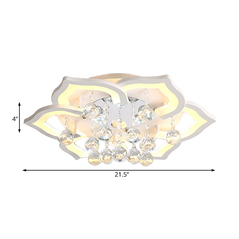 6/16/20 White Flush Mount Ceiling Light for Living Room - Warm/White Light, Floral Acrylic Shade, Crystal Drop