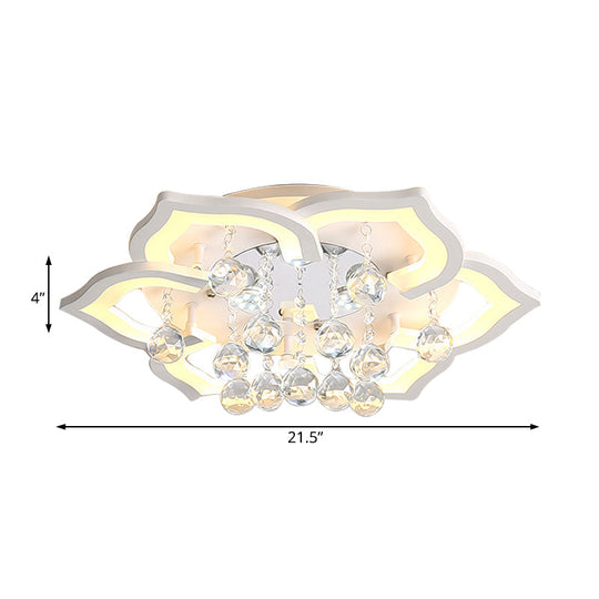 6/16/20 White Flush Mount Ceiling Light for Living Room - Warm/White Light, Floral Acrylic Shade, Crystal Drop