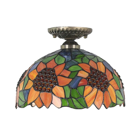 Tiffany 2-Light Domed Semi Flush Mount Ceiling Light with Sunflower Pattern in Brass/Bronze - Bedroom Lighting