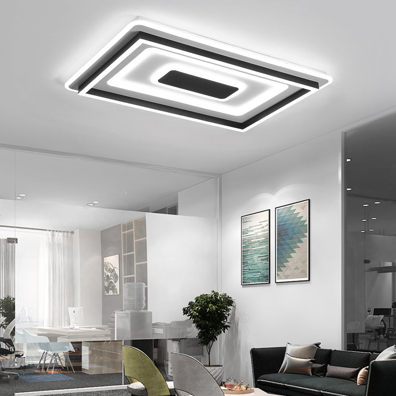 18"/21.5"/35.5" Wide LED Flush Mount Light - Black Square/Rectangular Fixture for Living Room, with Acrylic Shade - Warm/White Light