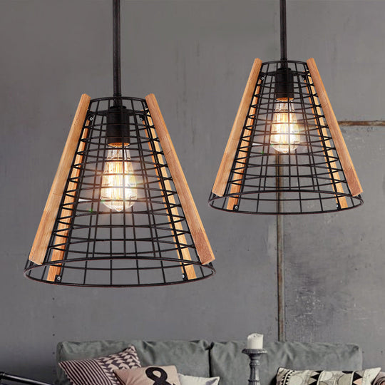 Classic Black Cone Pendant Light With Metal Cage - 1-Light Hanging Fixture