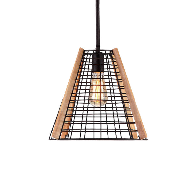 Classic Black Cone Pendant Light With Metal Cage - 1-Light Hanging Fixture