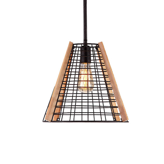 Classic Black Cone Pendant Light With Metal Cage - 1-Light Hanging Fixture