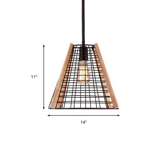 Classic Black Cone Pendant Light With Metal Cage - 1-Light Hanging Fixture