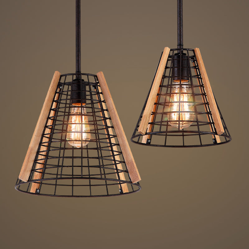 Classic Black Cone Pendant Light With Metal Cage - 1-Light Hanging Fixture