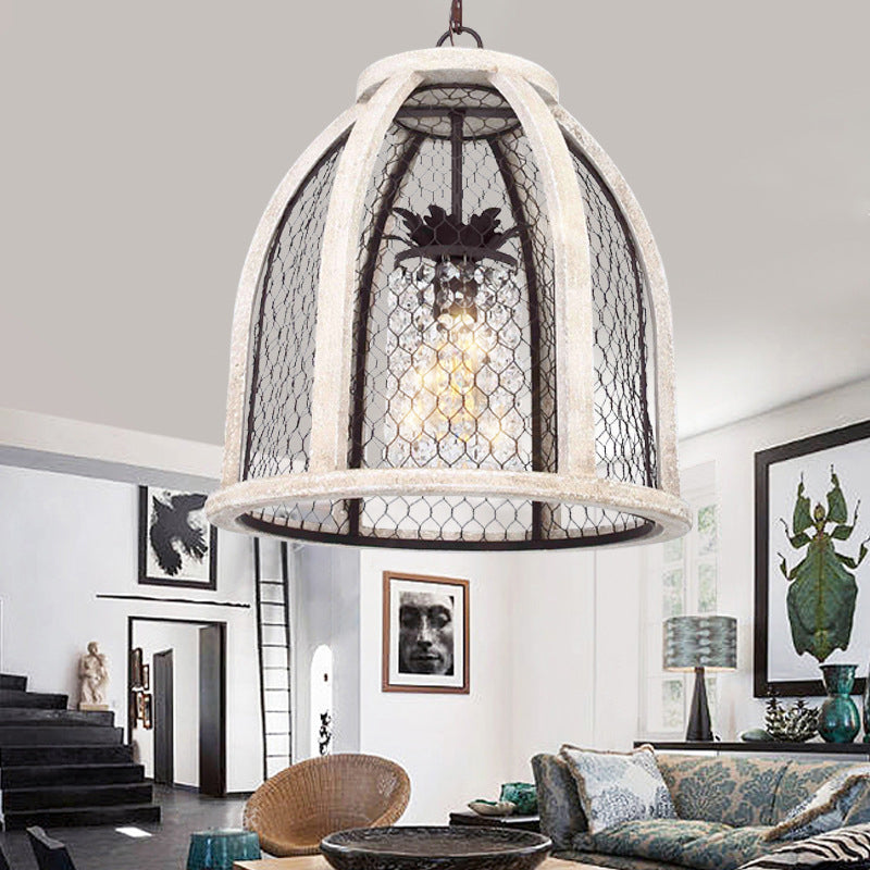 Dome Dining Room Hanging Light Kit - Traditional Metal Pendant Lighting Distressed White With Cage