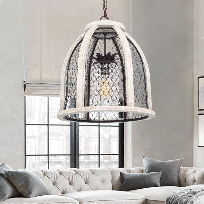 Dome Dining Room Hanging Light Kit - Traditional Metal Pendant Lighting Distressed White With Cage